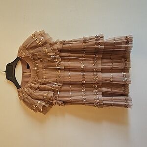 J.Crew XXS Pleated Top Taupe w Gold Sequins